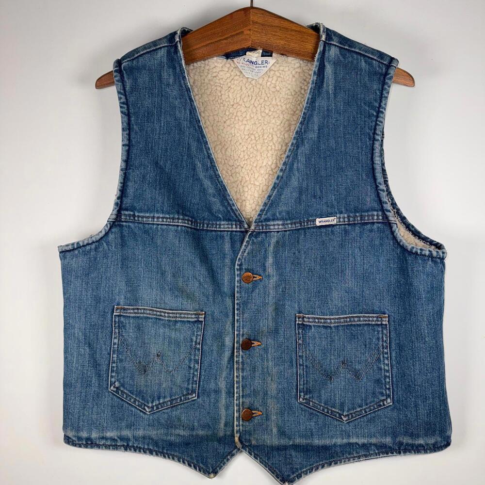 VTG 70s/80s Wrangler No Fault Denims Sherpa Lined Vest RARE Tag Made in USA XL